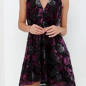 BB Dakota Black and Purple Velvet Burnout Moody Floral Print Dress